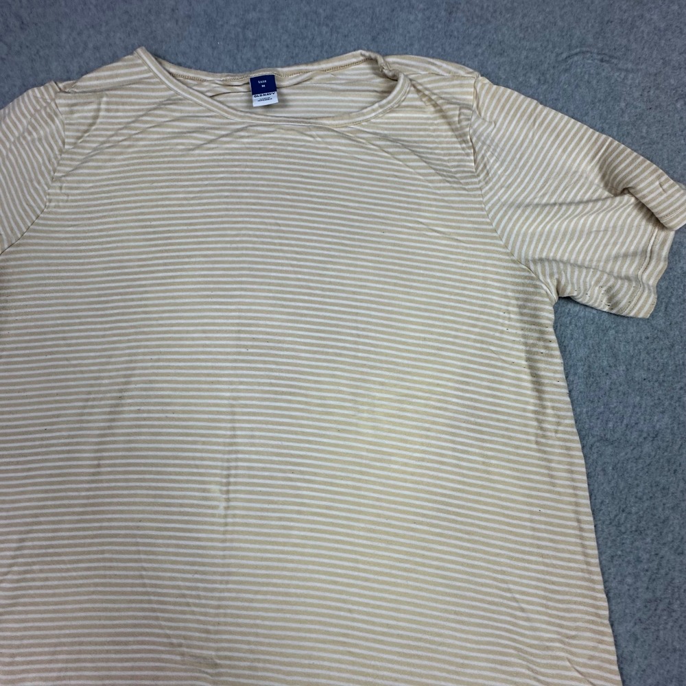 Old Navy Luxe Womens Medium Tan White Striped Short Sleeve Crew Neck T-Shirt - Picture 5 of 9